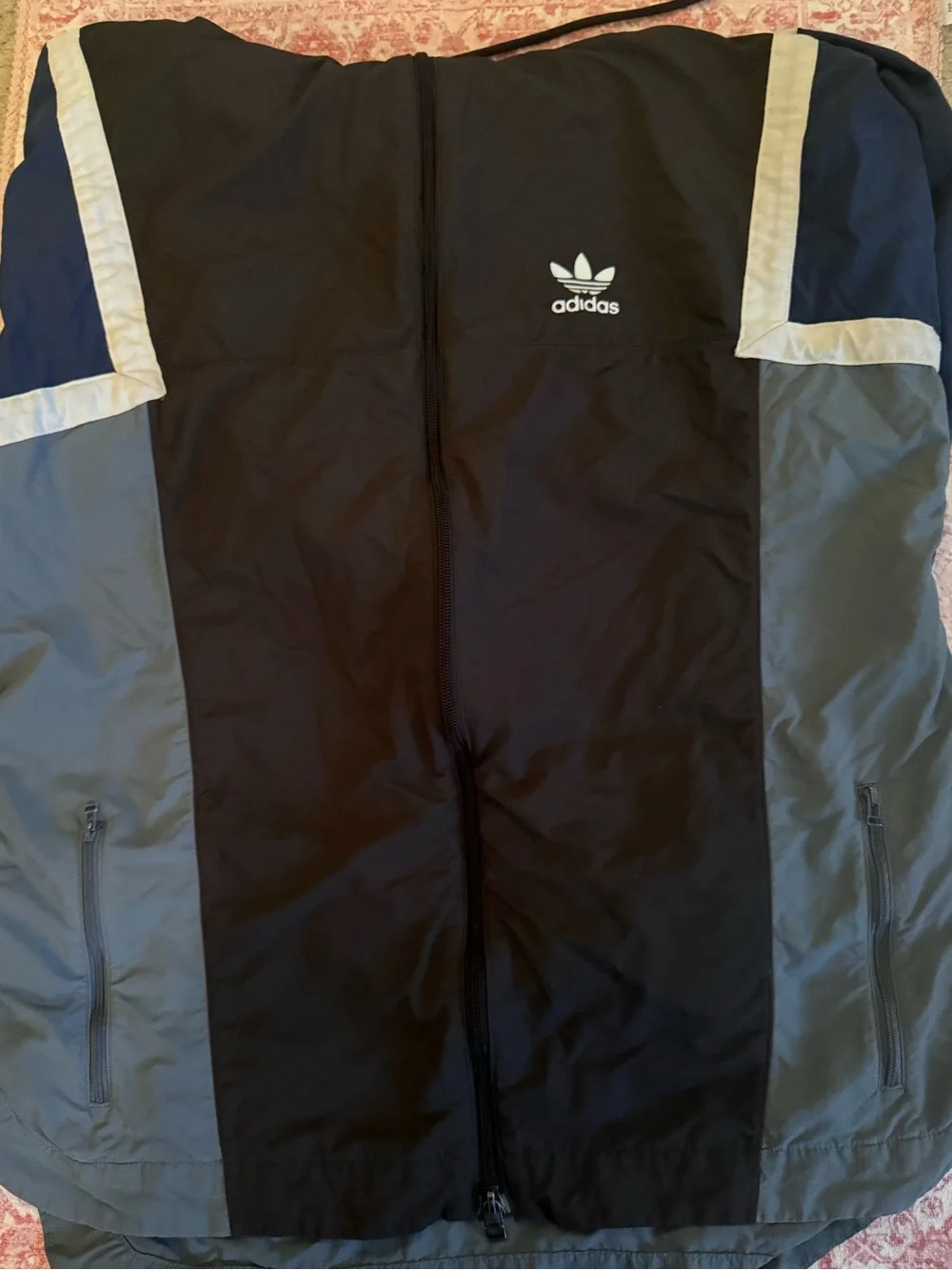 adidas Black and Navy Hooded Windbreaker with Gray Trim